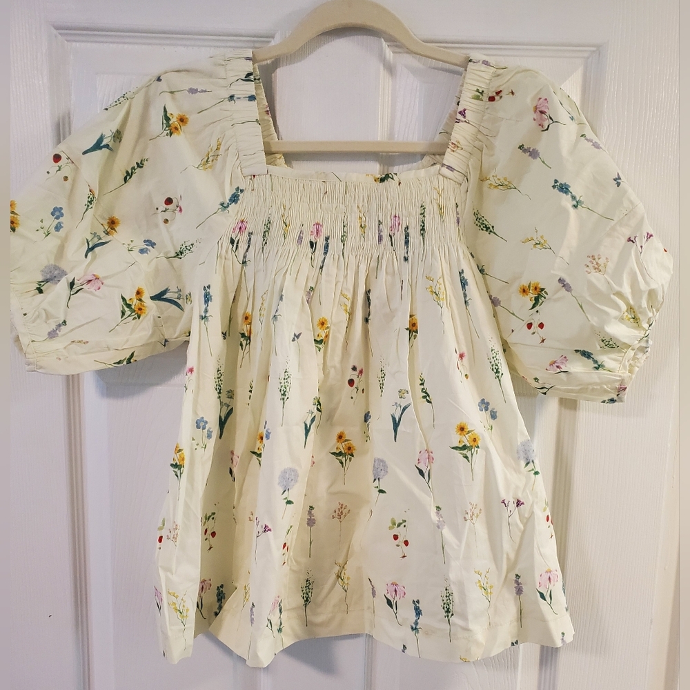 Puff Sleeve Floral Smocked Square-Neck Tunic Top, Women's